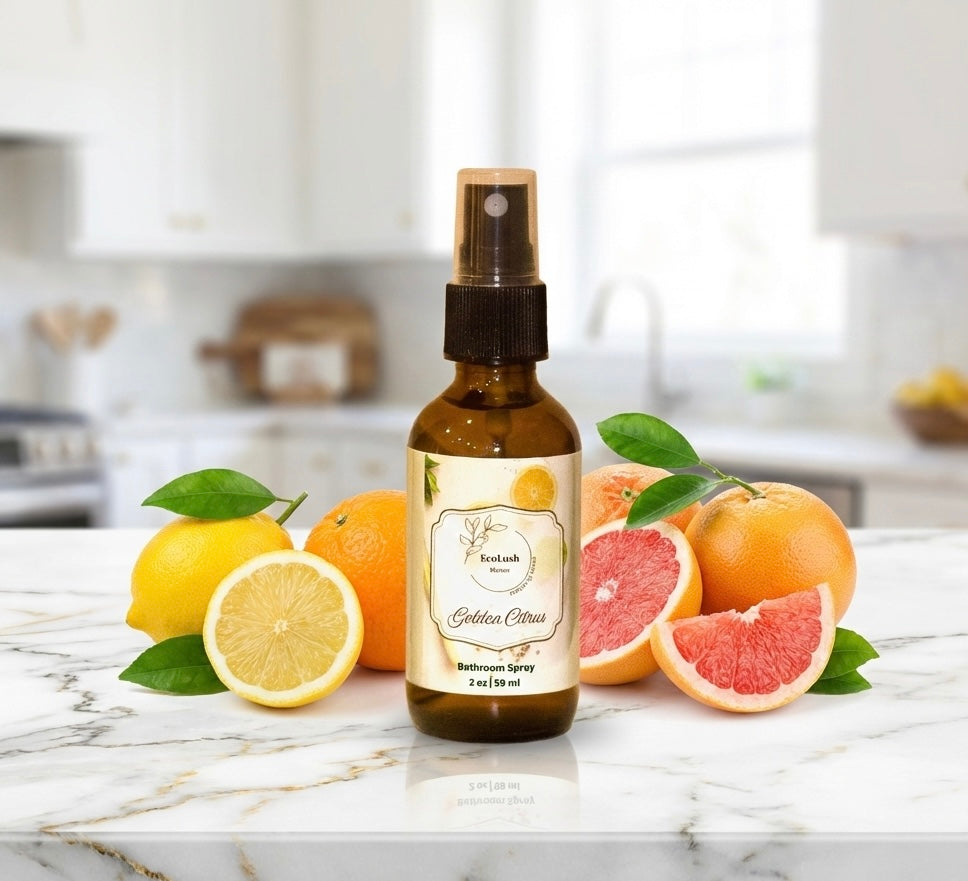 Eco-friendly air freshener in glass spray bottle made with non-toxic lemongrass essential oils to remove odors