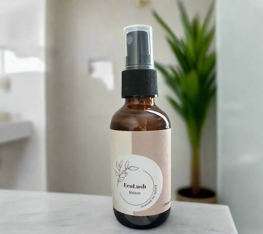 Eco-friendly air freshener in glass spray bottle made with non-toxic peppermint essential oils to remove odors.